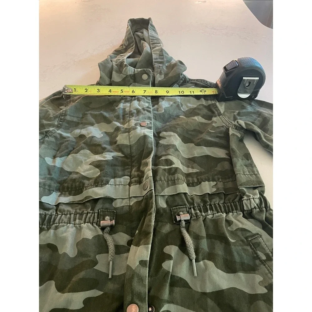 Girls XL Camo Utility Jacket Hooded Drawstring Waist Green Military Style